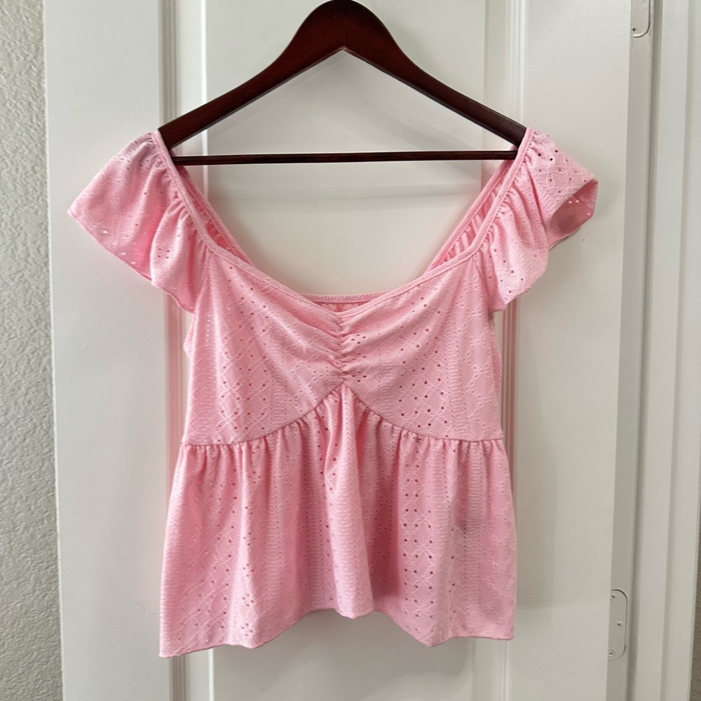 SHEIN Pink Eyelet Ruffle Blouse